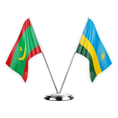Two table flags isolated on white background 3d illustration, mauritania and rwanda