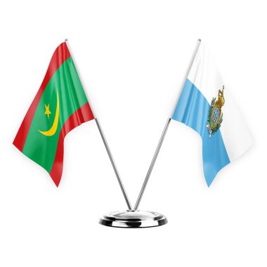 Two table flags isolated on white background 3d illustration, mauritania and san marino
