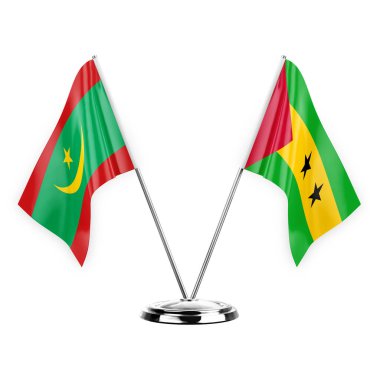 Two table flags isolated on white background 3d illustration, mauritania and sao tome and principe