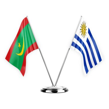Two table flags isolated on white background 3d illustration, mauritania and uruguay