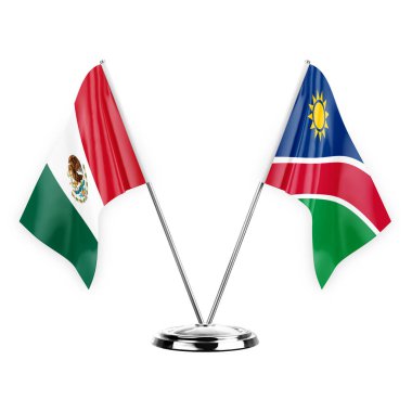 Two table flags isolated on white background 3d illustration, mexico and namibia