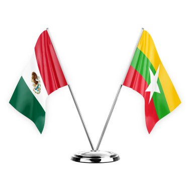 Two table flags isolated on white background 3d illustration, mexico and myanmar