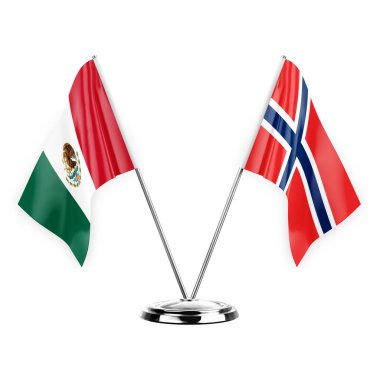 Two table flags isolated on white background 3d illustration, mexico and norway