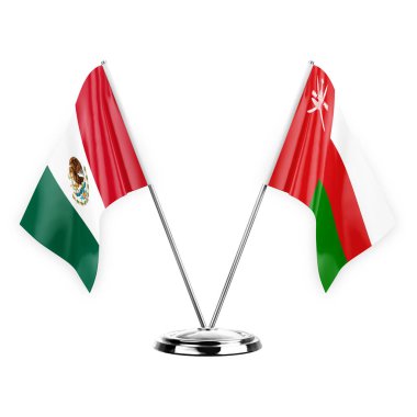 Two table flags isolated on white background 3d illustration, mexico and oman