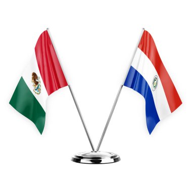 Two table flags isolated on white background 3d illustration, mexico and paraguay