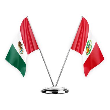 Two table flags isolated on white background 3d illustration, mexico and peru