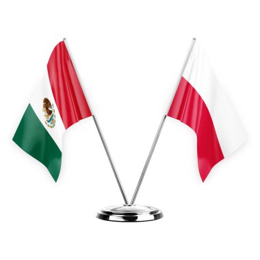 Two table flags isolated on white background 3d illustration, mexico and poland