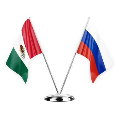 Two table flags isolated on white background 3d illustration, mexico and russia