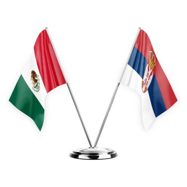 Two table flags isolated on white background 3d illustration, mexico and serbia