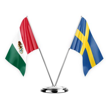 Two table flags isolated on white background 3d illustration, mexico and sweden