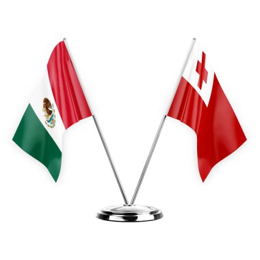 Two table flags isolated on white background 3d illustration, mexico and tonga