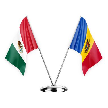 Two table flags isolated on white background 3d illustration, mexico and moldova