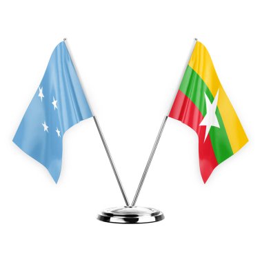 Two table flags isolated on white background 3d illustration, micronesia and myanmar