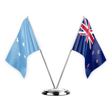 Two table flags isolated on white background 3d illustration, micronesia and new zealand