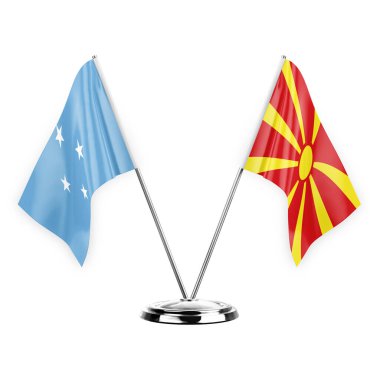 Two table flags isolated on white background 3d illustration, micronesia and north macedonia