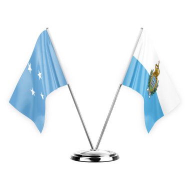 Two table flags isolated on white background 3d illustration, micronesia and san marino
