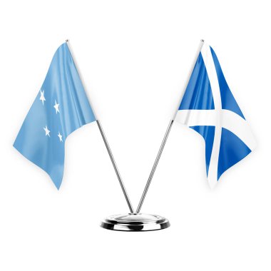 Two table flags isolated on white background 3d illustration, micronesia and scotland