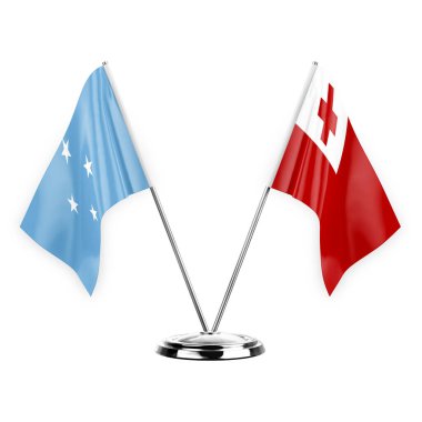 Two table flags isolated on white background 3d illustration, micronesia and tonga