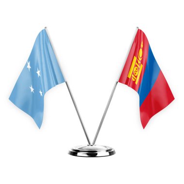 Two table flags isolated on white background 3d illustration, micronesia and mongolia