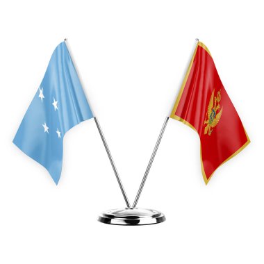 Two table flags isolated on white background 3d illustration, micronesia and montenegro