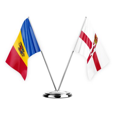 Two table flags isolated on white background 3d illustration, moldova and ireland