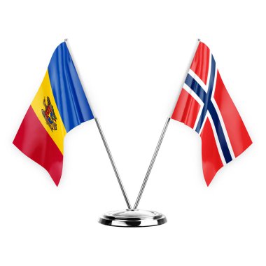 Two table flags isolated on white background 3d illustration, moldova and norway
