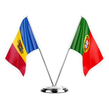 Two table flags isolated on white background 3d illustration, moldova and portugal