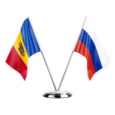 Two table flags isolated on white background 3d illustration, moldova and russia