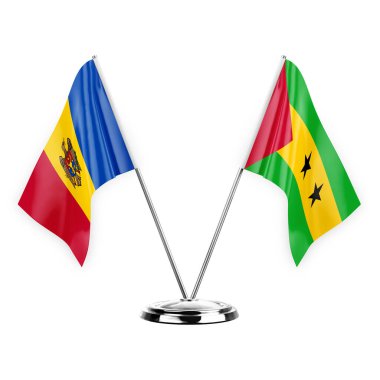 Two table flags isolated on white background 3d illustration, moldova and sao tome and principe