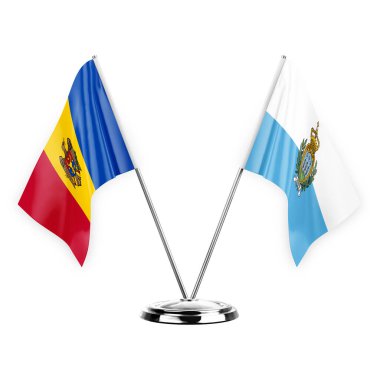 Two table flags isolated on white background 3d illustration, moldova and san marino