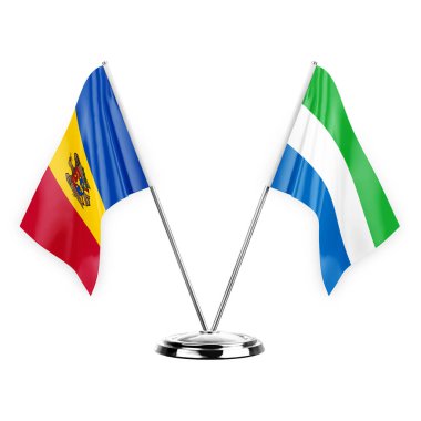Two table flags isolated on white background 3d illustration, moldova and sierra leone