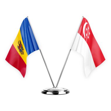 Two table flags isolated on white background 3d illustration, moldova and singapore