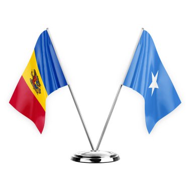Two table flags isolated on white background 3d illustration, moldova and somalia