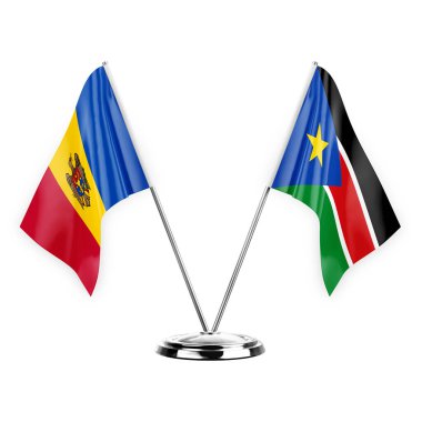Two table flags isolated on white background 3d illustration, moldova and south sudan