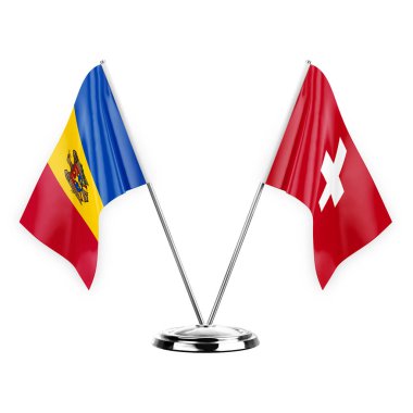 Two table flags isolated on white background 3d illustration, moldova and switzerland