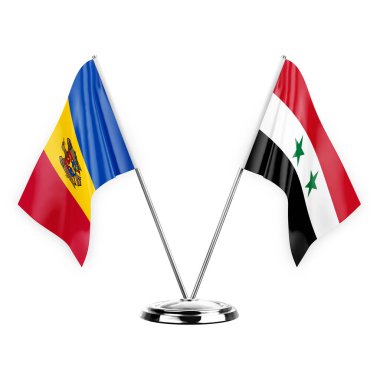 Two table flags isolated on white background 3d illustration, moldova and syria