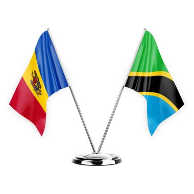 Two table flags isolated on white background 3d illustration, moldova and tanzania