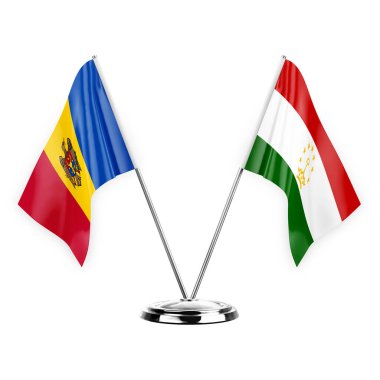 Two table flags isolated on white background 3d illustration, moldova and tajikistan