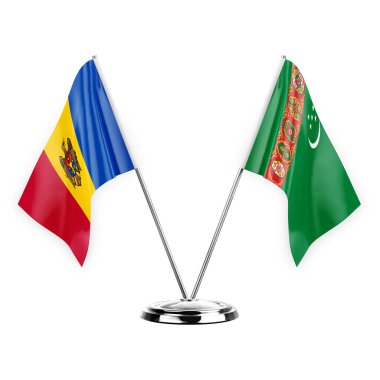 Two table flags isolated on white background 3d illustration, moldova and turkmenistan
