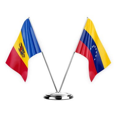 Two table flags isolated on white background 3d illustration, moldova and venezuela