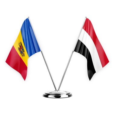 Two table flags isolated on white background 3d illustration, moldova and yemen