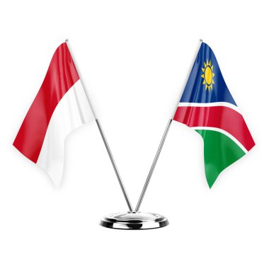 Two table flags isolated on white background 3d illustration, monaco and namibia