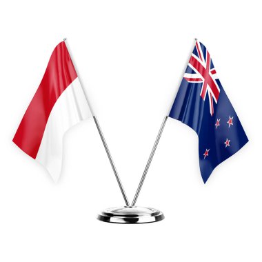 Two table flags isolated on white background 3d illustration, monaco and new zealand