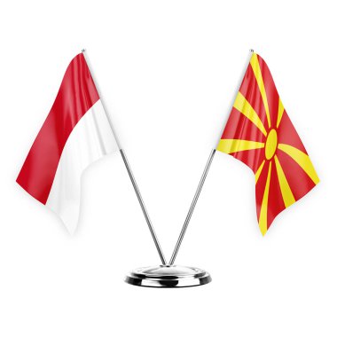 Two table flags isolated on white background 3d illustration, monaco and north macedonia