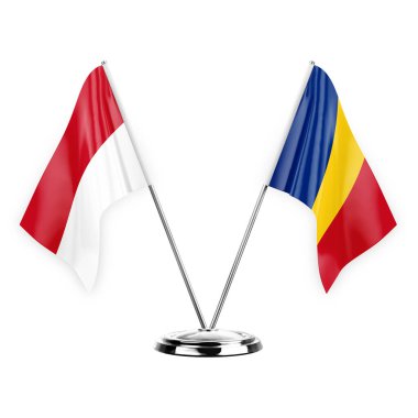 Two table flags isolated on white background 3d illustration, monaco and romania