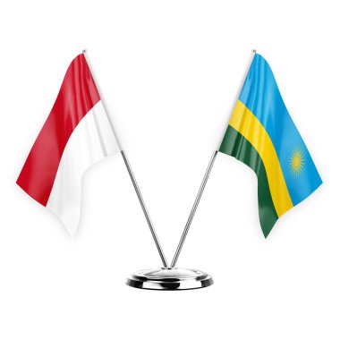 Two table flags isolated on white background 3d illustration, monaco and rwanda