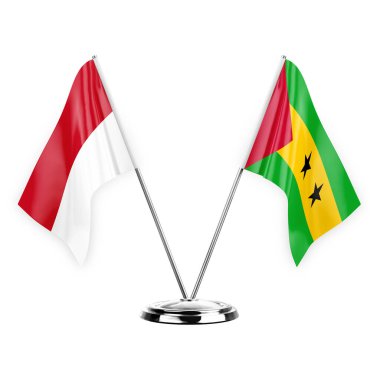 Two table flags isolated on white background 3d illustration, monaco and sao tome and principe
