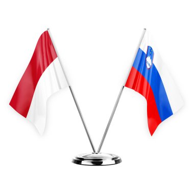 Two table flags isolated on white background 3d illustration, monaco and slovenia