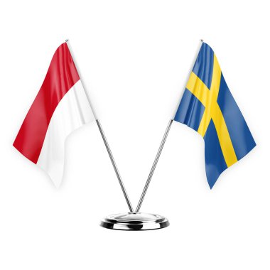 Two table flags isolated on white background 3d illustration, monaco and sweden