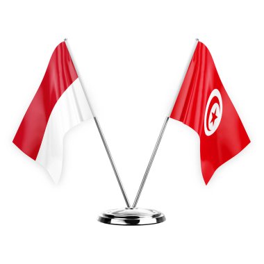 Two table flags isolated on white background 3d illustration, monaco and tunisia